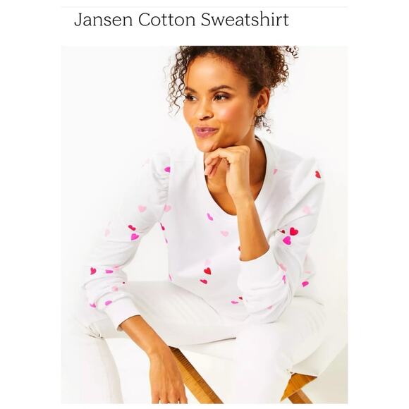 NWOT Lilly Pulitzer Women White Jansen Cotton Sweatshirt Heart Pattern Sz Small - Picture 2 of 9